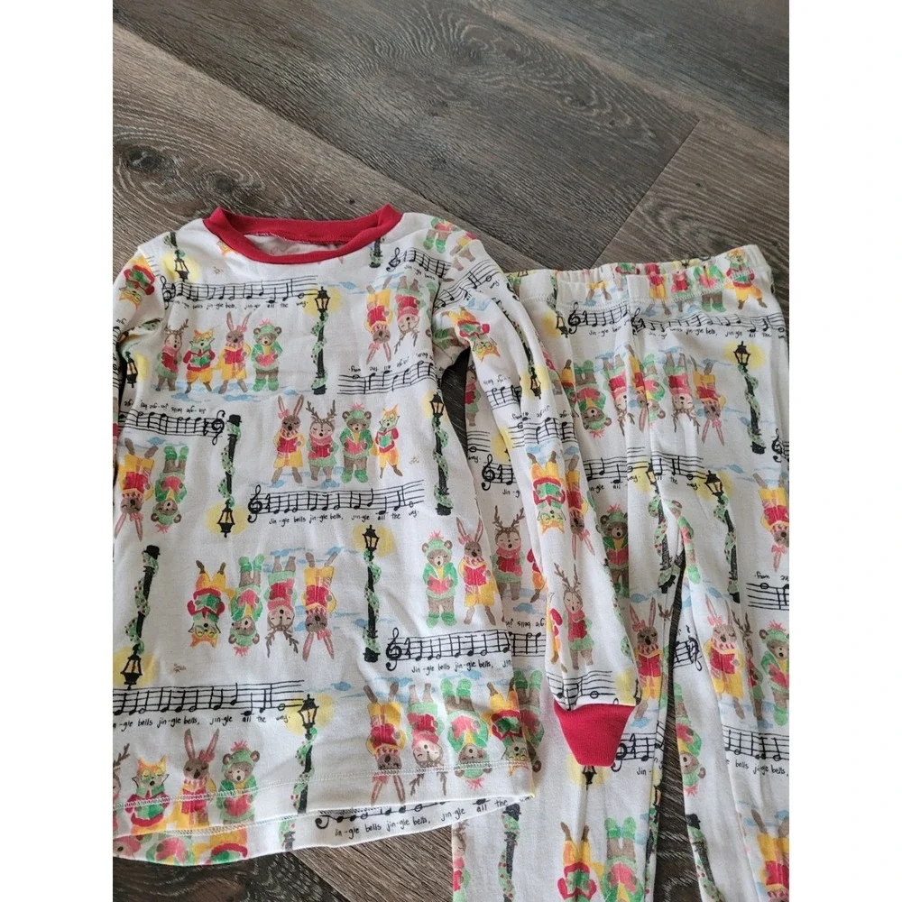 Burts Bees Kids 4T Organic Cotton Christmas Carol Animal Pajama Set White Red #2